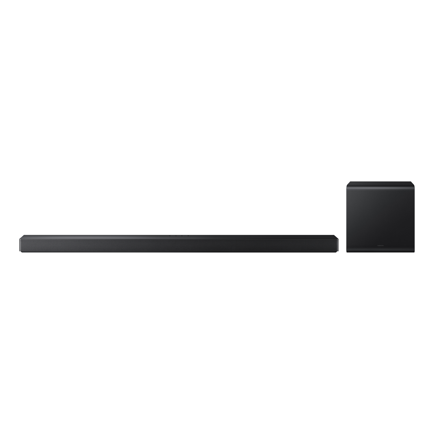 A black soundbar and subwoofer set against a white background, minimalist design.