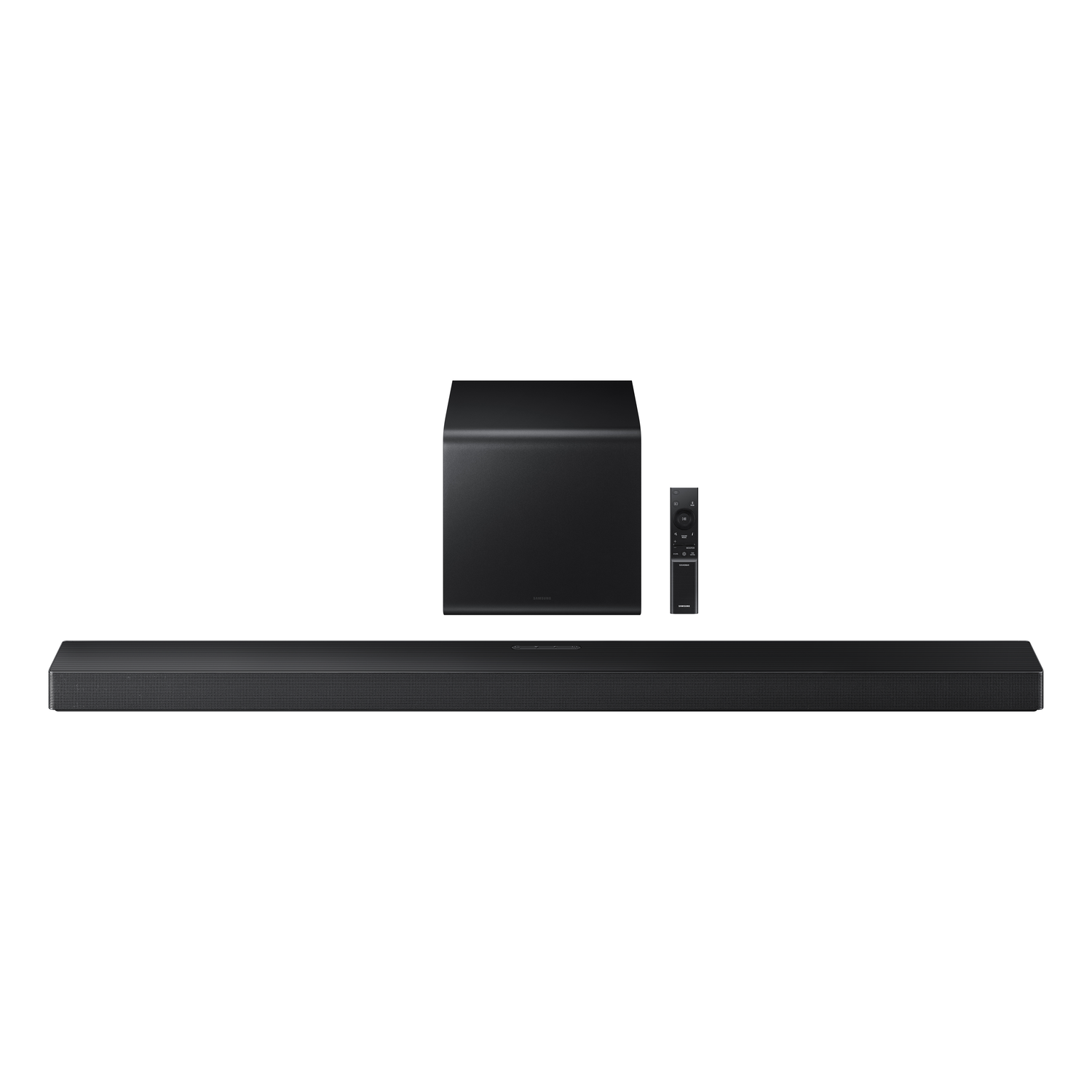 Black soundbar, subwoofer, and remote, all on a white background.