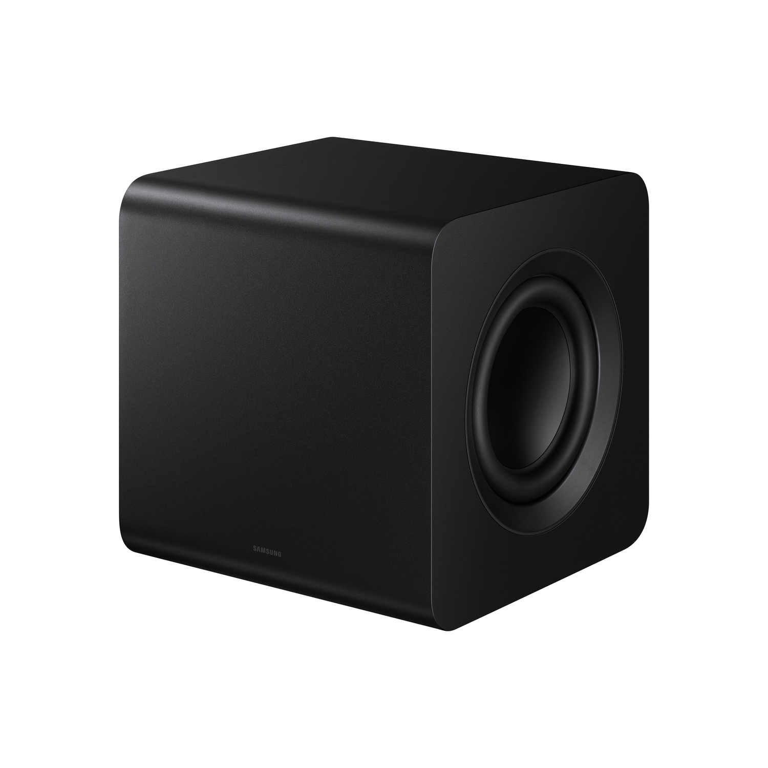 Black subwoofer with rounded edges, a large circular port, and the brand name on the side.