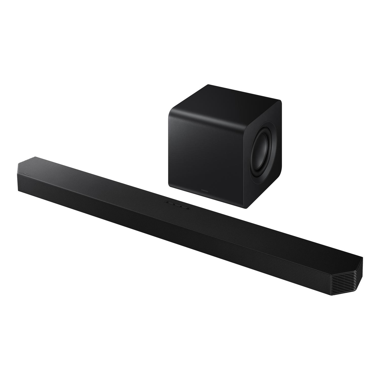 A black soundbar and a subwoofer, a sound system product.