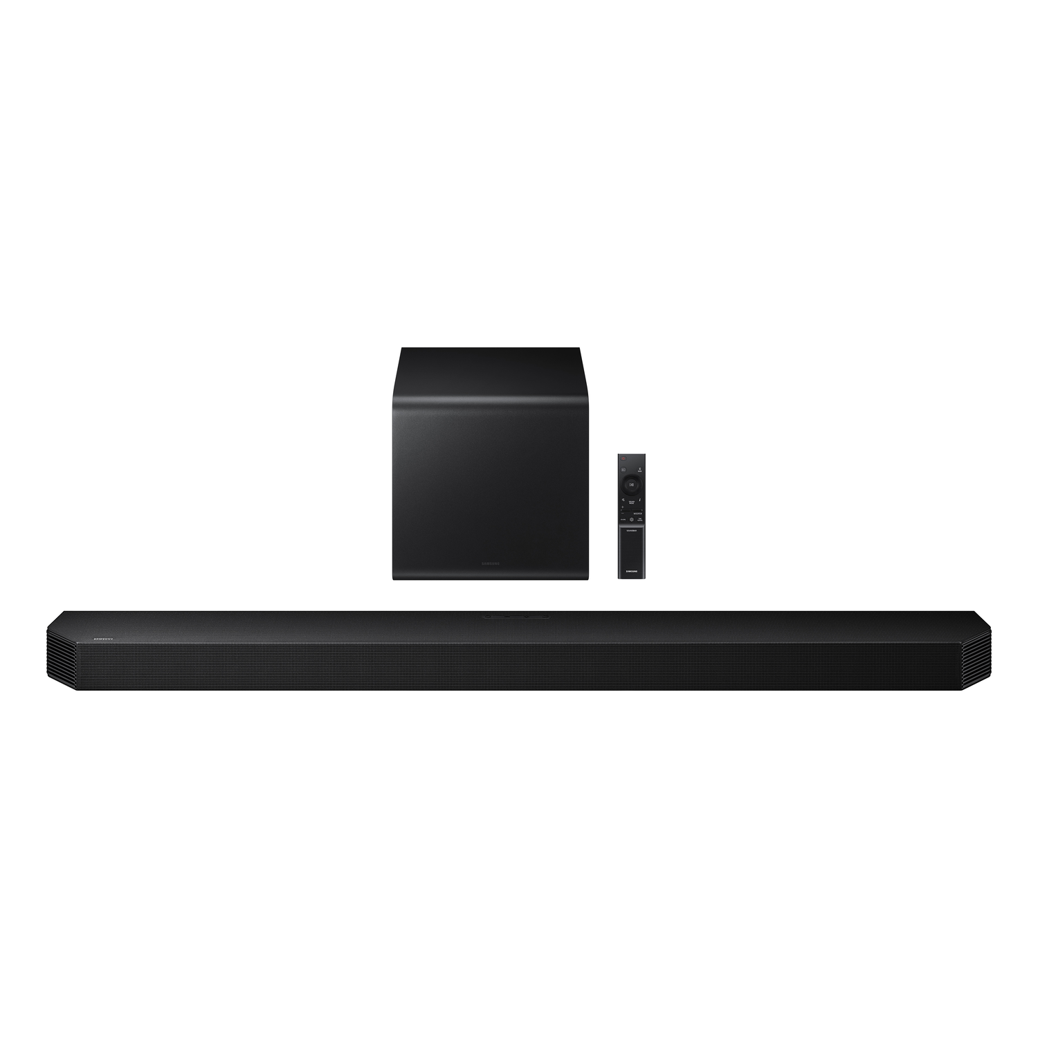 A black soundbar, a black subwoofer, and a remote control, all on a white background.