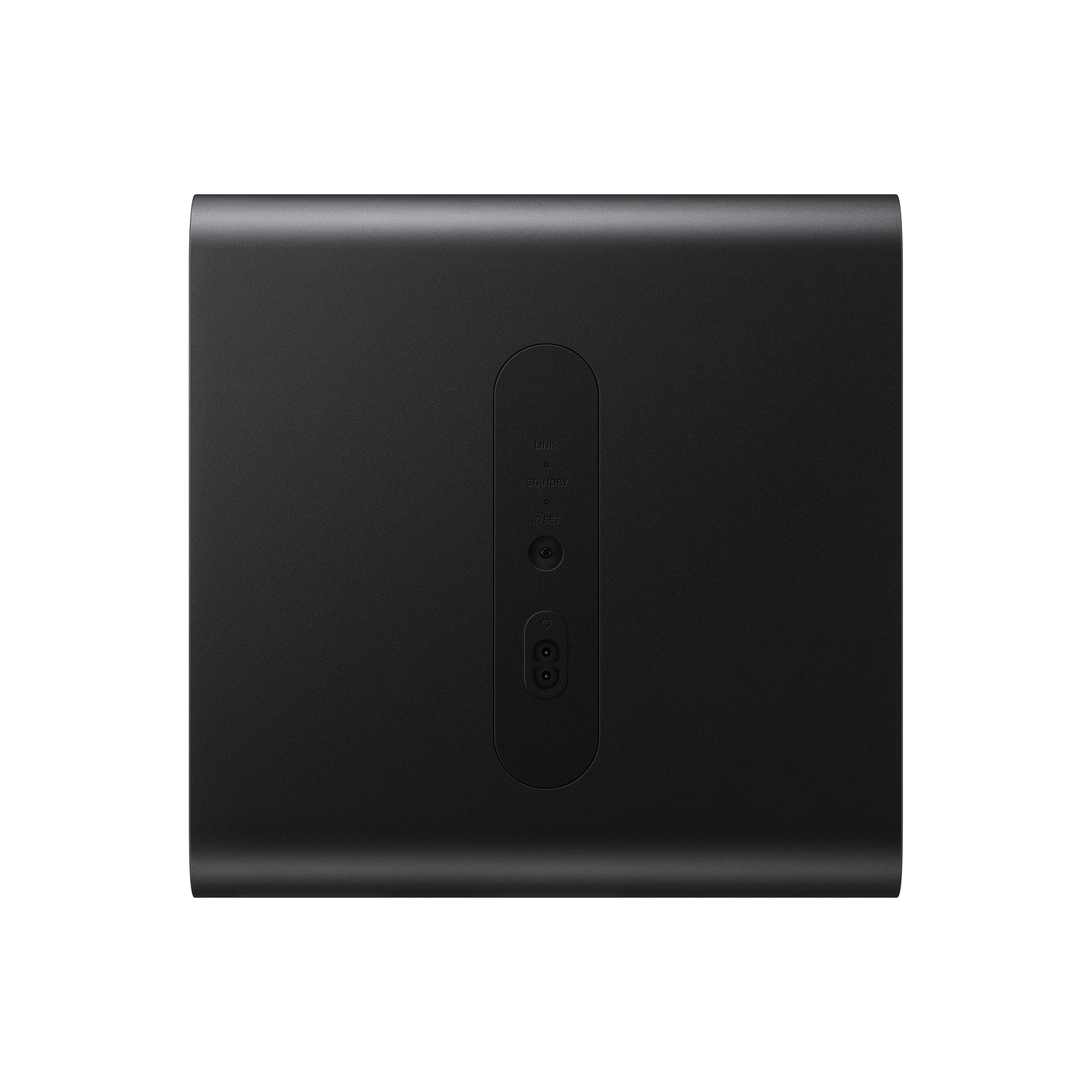 Black soundbar, back view. Has ports, and buttons for power, station, and reset.