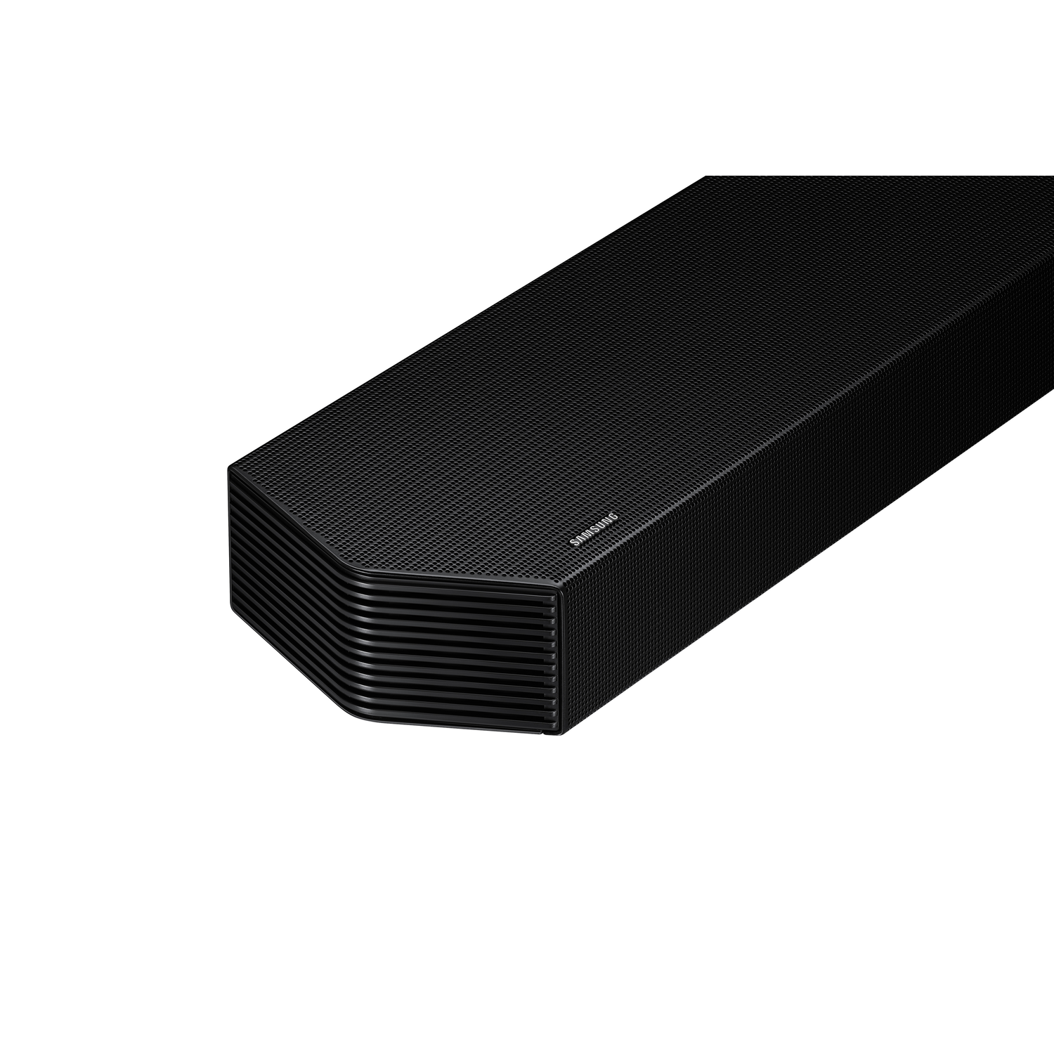 Black soundbar from a low angle, with the Samsung logo.