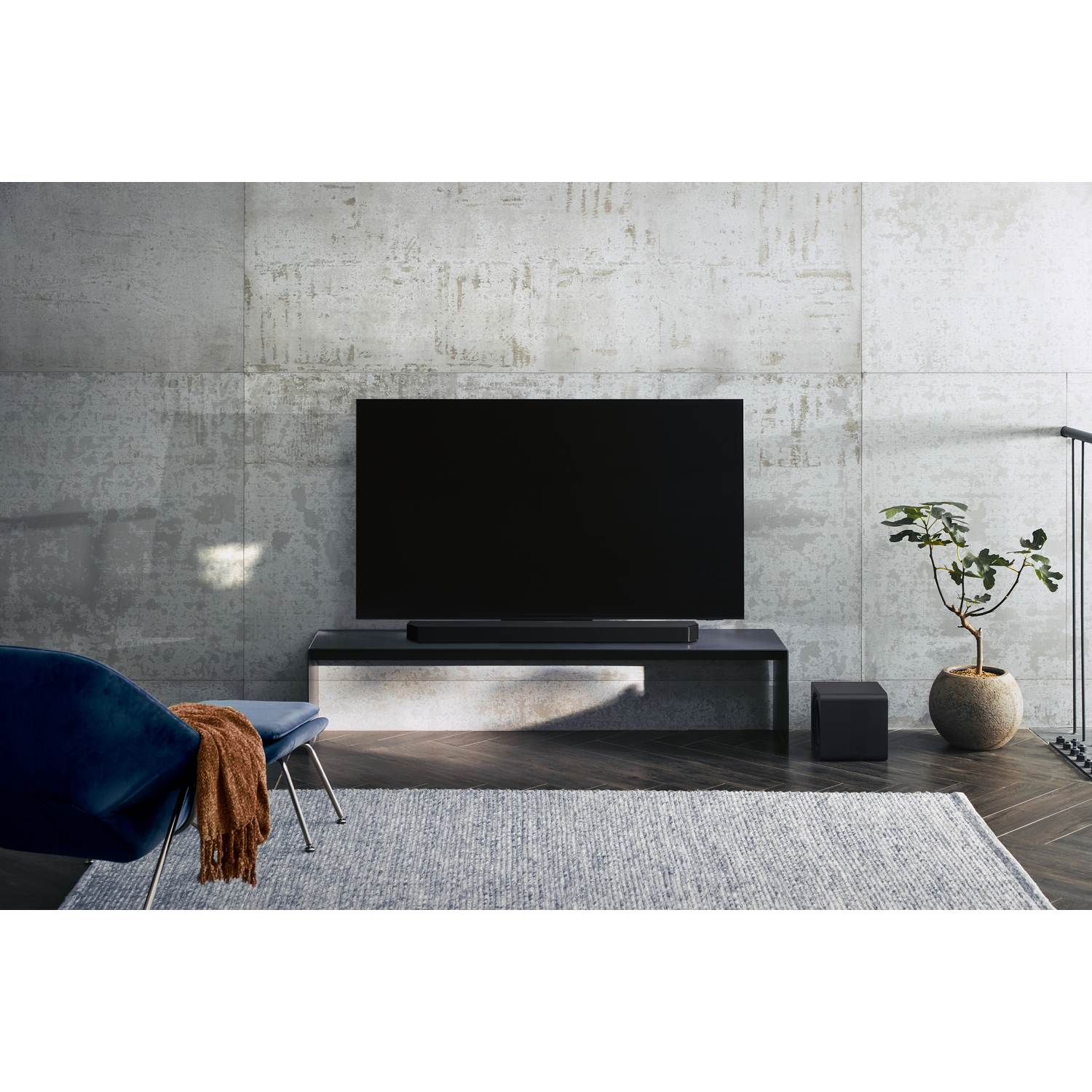 Living room with TV, soundbar, rug, chair, and plant. Concrete wall background. Wooden floor.