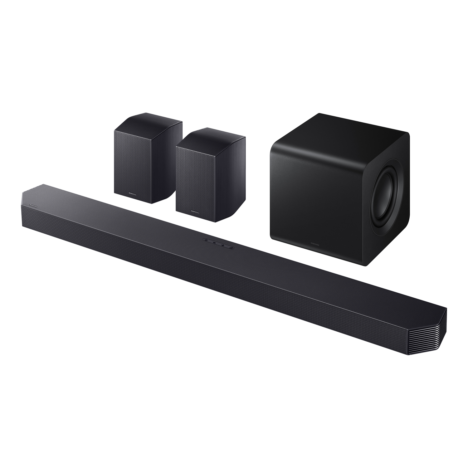 Een zwart soundbarsysteem met twee luidsprekers en een subwoofer.