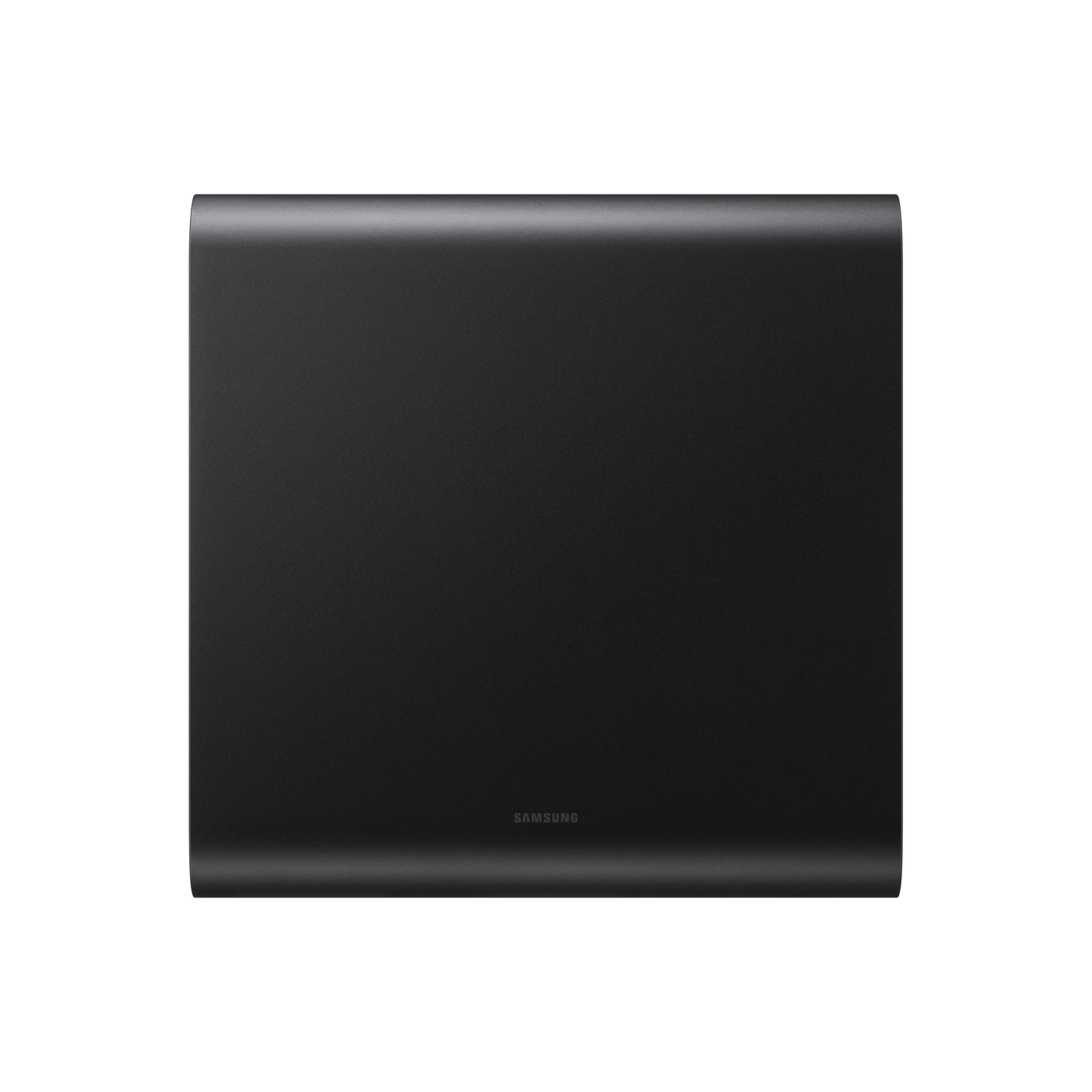 Zwarte soundbar. Hij is rechthoekig met afgeronde hoeken. De soundbar is gemaakt van glad, donker materiaal.