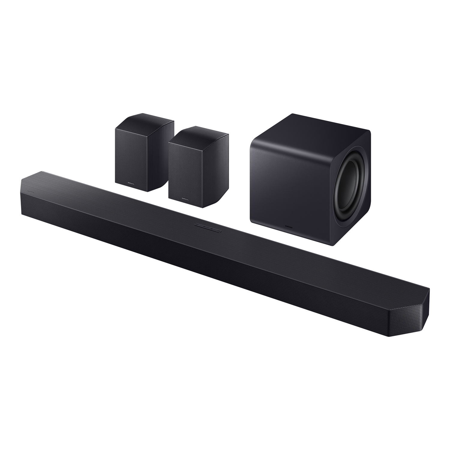 Een zwart geluidssysteem met een soundbar, twee luidsprekers en een subwoofer.