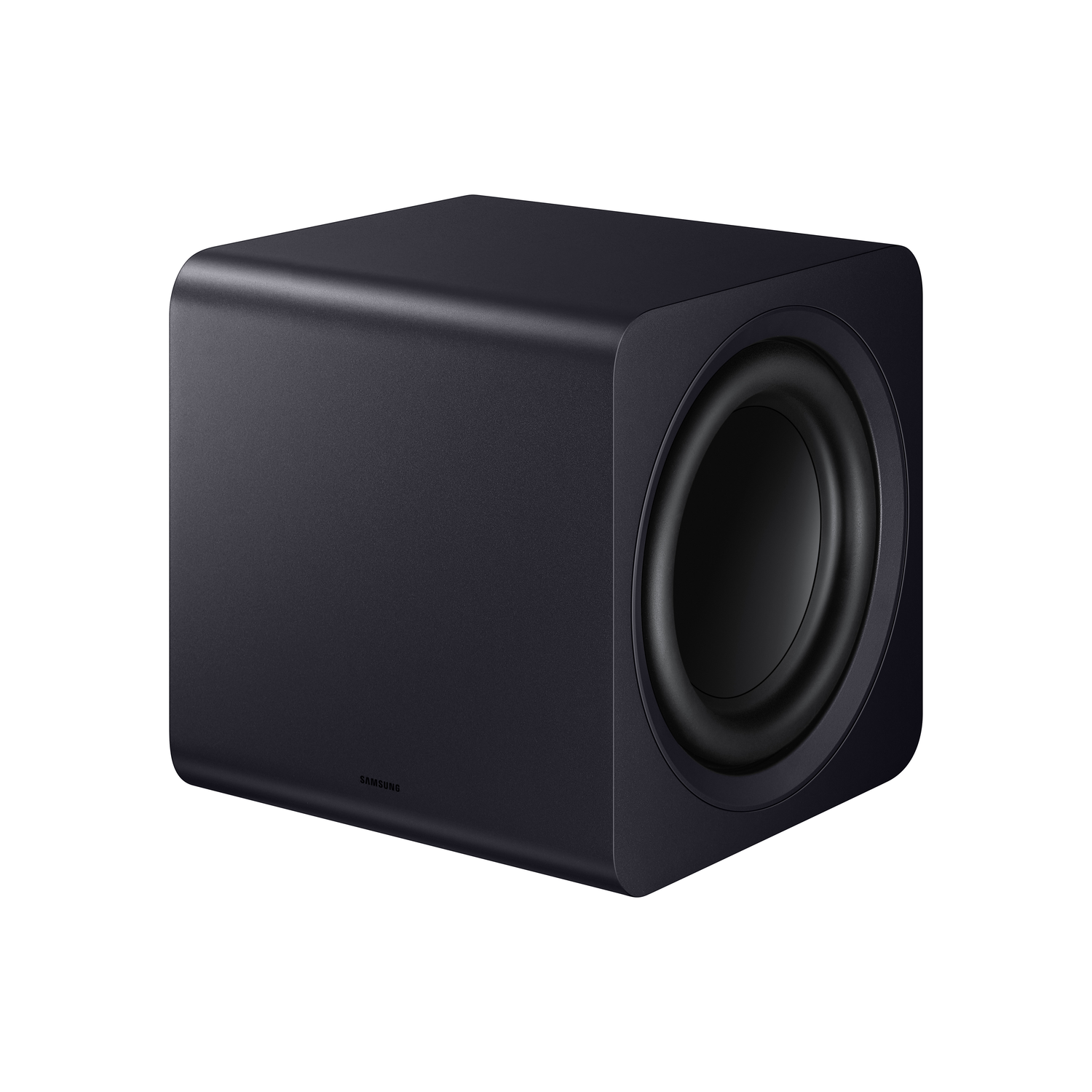 Een zwarte subwoofer met een afgeronde kubusvorm en een grote cirkelvormige opening.