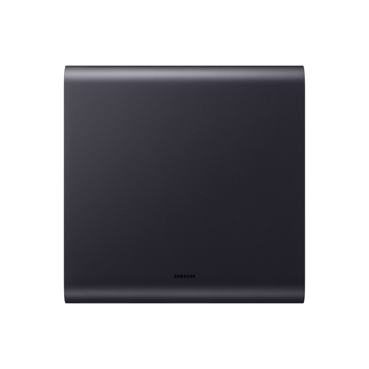 Een zwarte subwoofer met een platte bovenkant en een Samsung-logo.