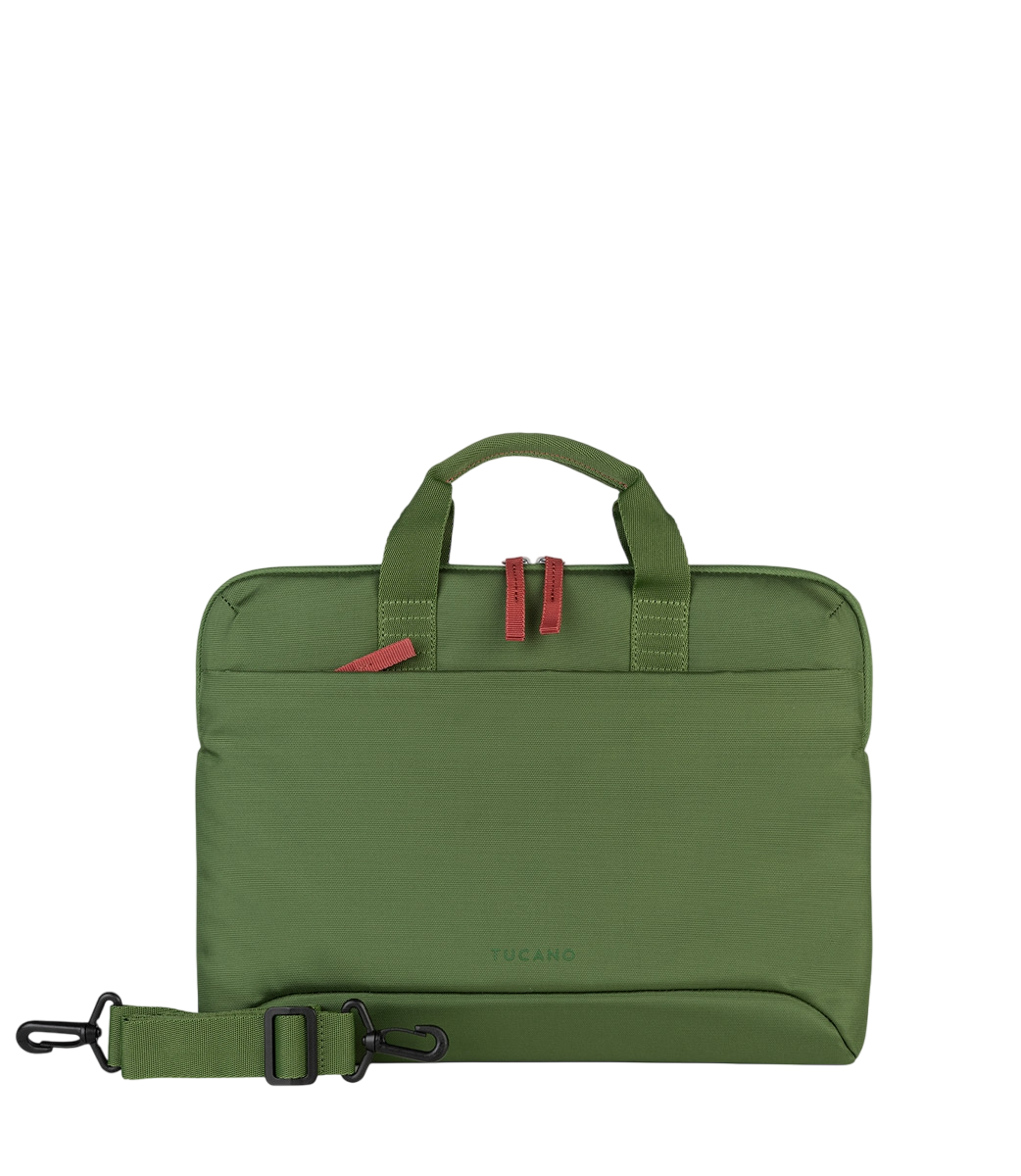 Grüne Laptoptasche. Griff und Schultergurt. Rote Reißverschlüsse. Marke Tucano.