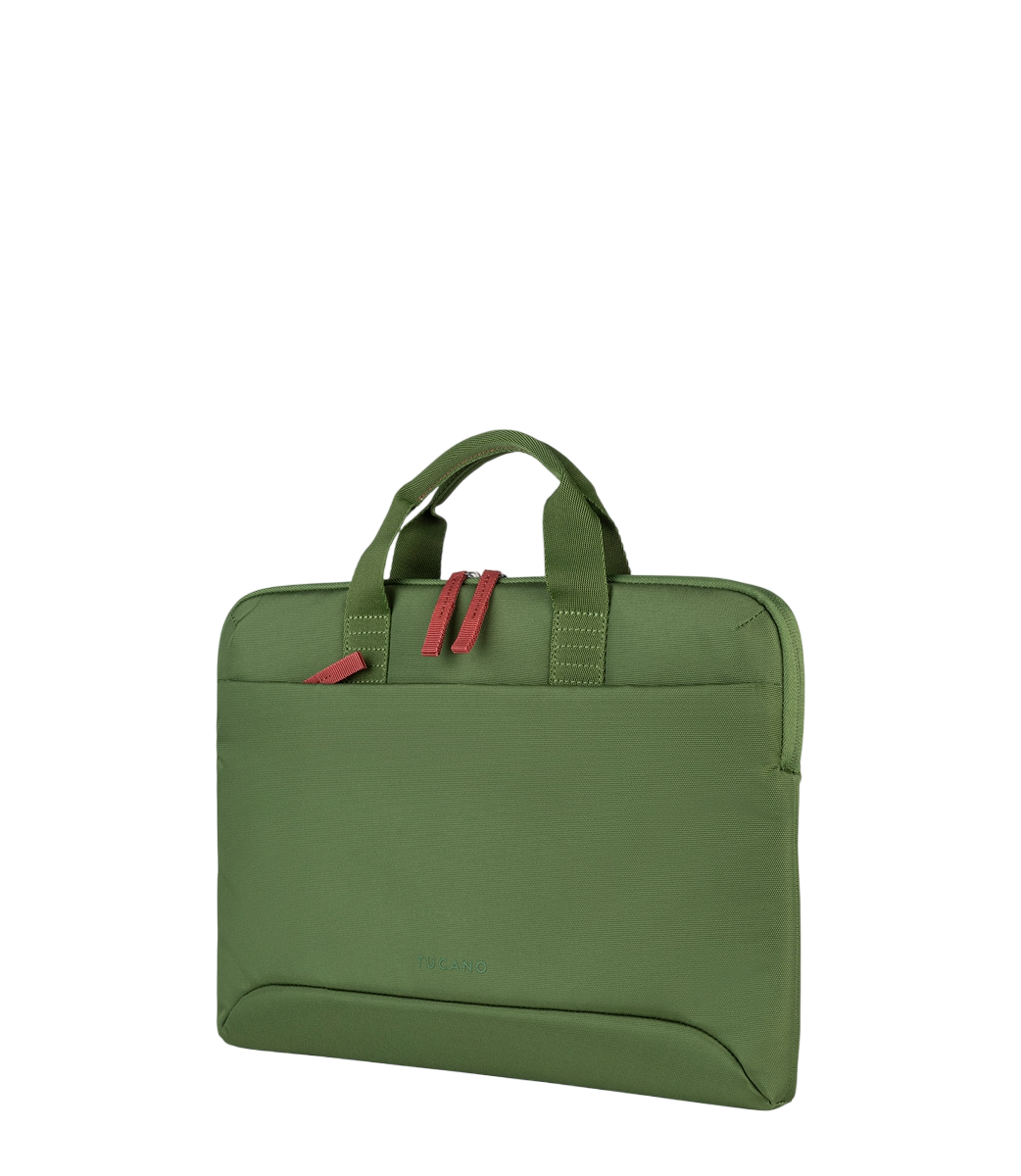 Grüne Tucano Laptoptasche mit roten Reißverschlüssen, auf schwarzem Hintergrund.