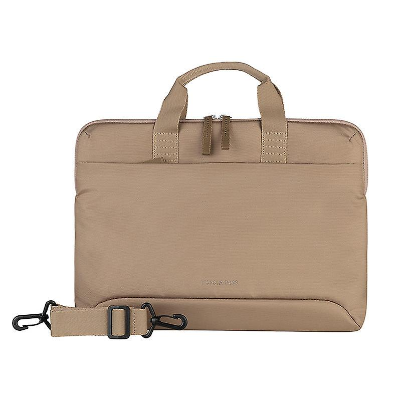 Braune Laptoptasche mit Griff und abnehmbarem Riemen. Reißverschlüsse oben.