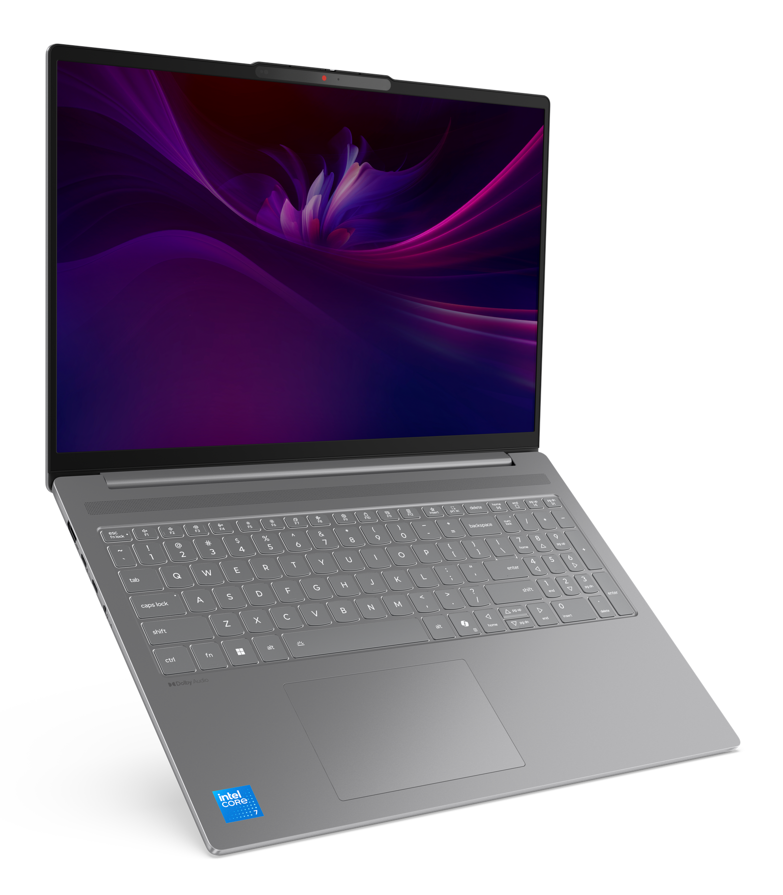 Laptop. Ekran wyświetla fioletowy i szary wzór. Klawiatura jest widoczna.