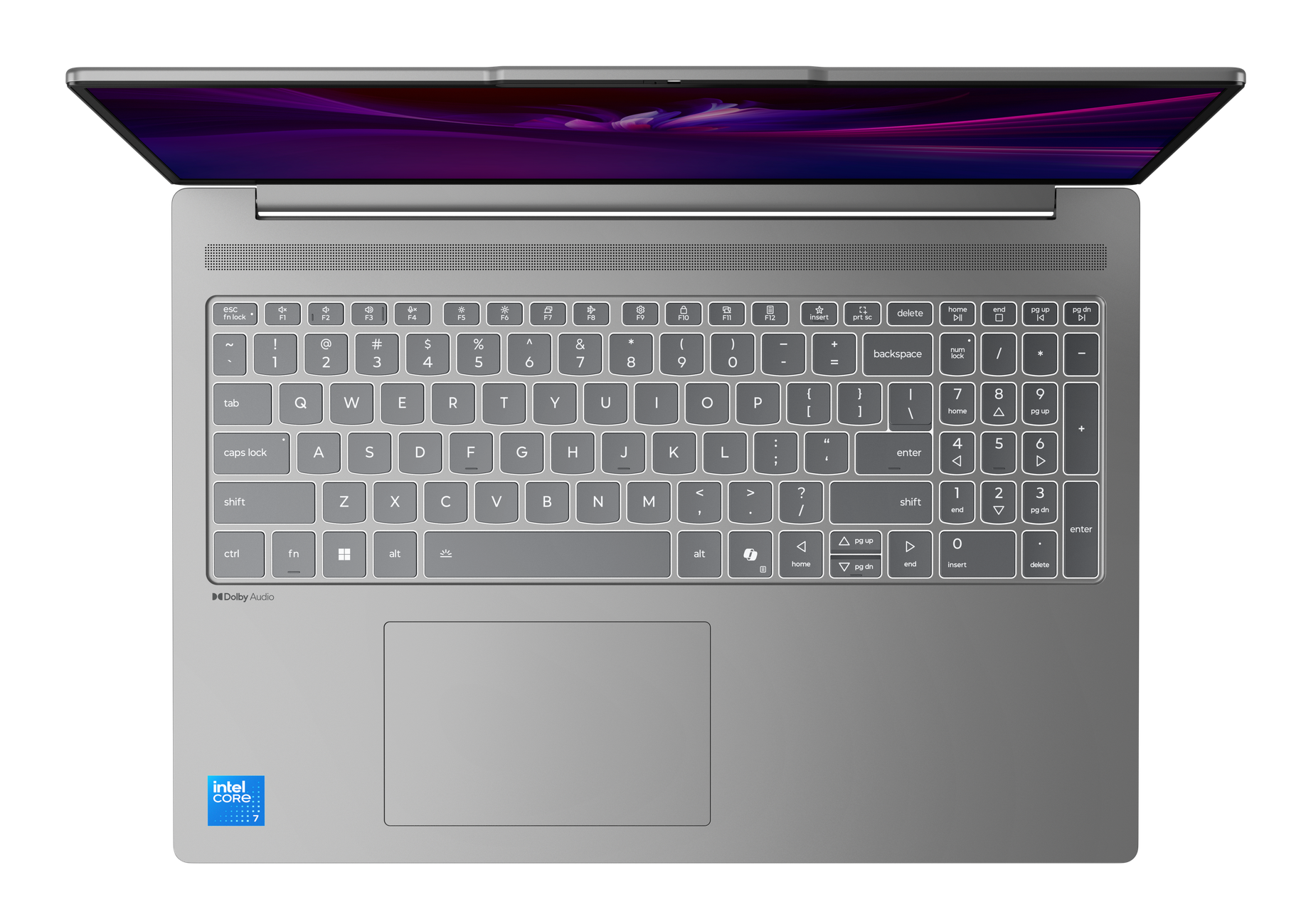 Widok z góry na srebrny laptop. Klawiatura widoczna, ekran wyświetla fioletowy obraz.