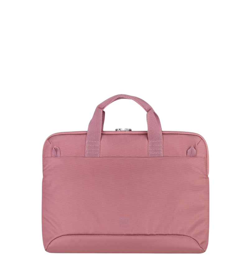 Eine rosa Laptoptasche mit Henkel auf schwarzem Hintergrund. Ein Reißverschluss ist sichtbar.