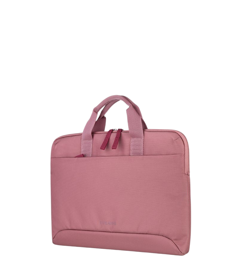Rosafarbene Laptoptasche mit Griff und Reißverschlüssen vor dunklem Hintergrund.