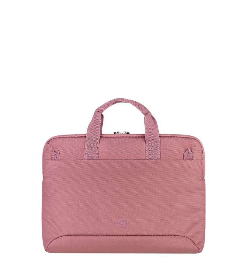 Rosa Laptoptasche mit Griffen, geschlossen.