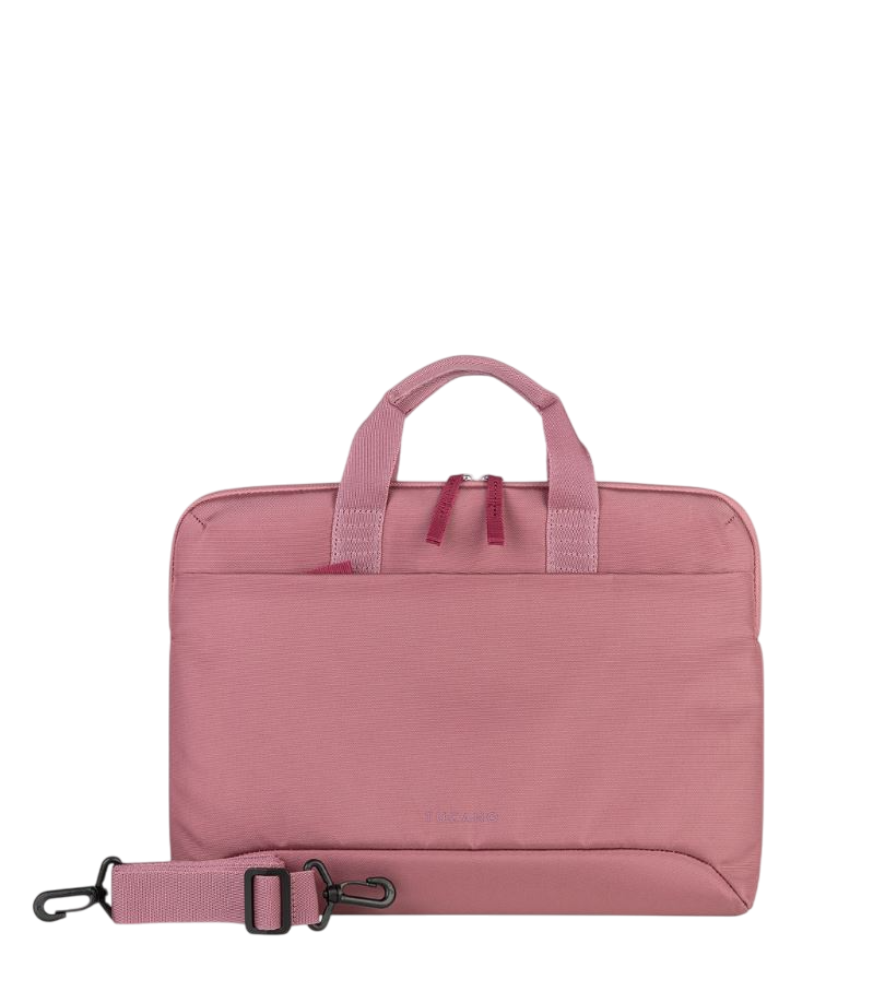 Eine rosa Laptop-Tasche mit Schulterriemen und Griffen auf schwarzem Hintergrund.