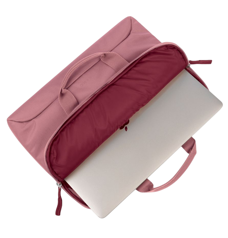 Rosa Laptoptasche, offen, mit silbernem Laptop.