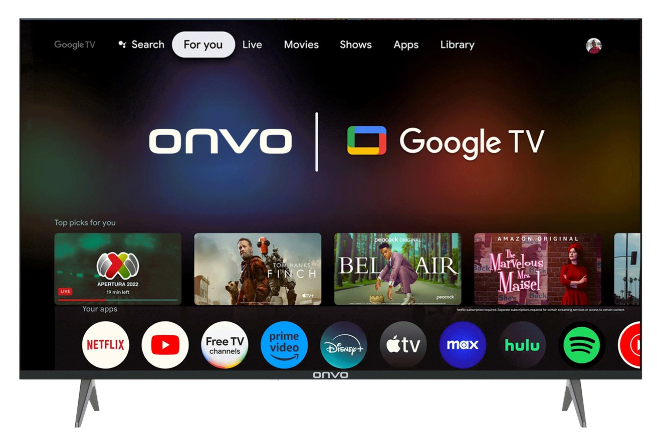 Google TV arayüzlü TV ekranı. Onvo logosu. Çeşitli akış uygulaması simgeleri. Siyah zemin.
