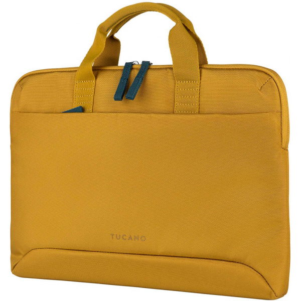 Eine senffarbene Laptoptasche mit Griffen und Reißverschluss.