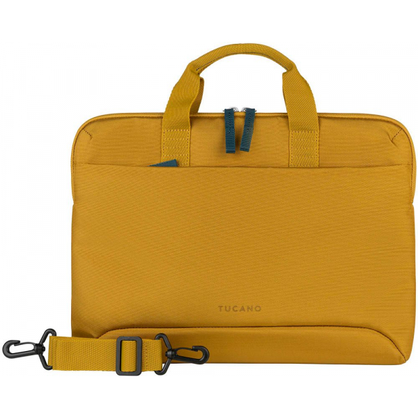 Eine gelbe Laptoptasche mit einem Riemen.