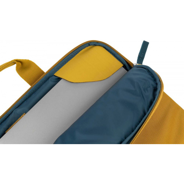 Senfgelbe Tasche offen, mit blauem Innenraum und grauem Laptop. Griff und Reißverschluss sichtbar.
