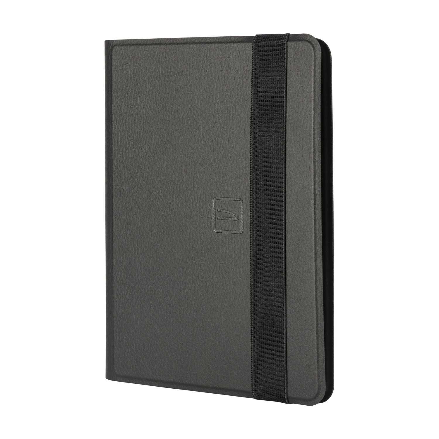 Una custodia per tablet grigia chiusa con un cinturino nero. Il cinturino ha un piccolo logo.