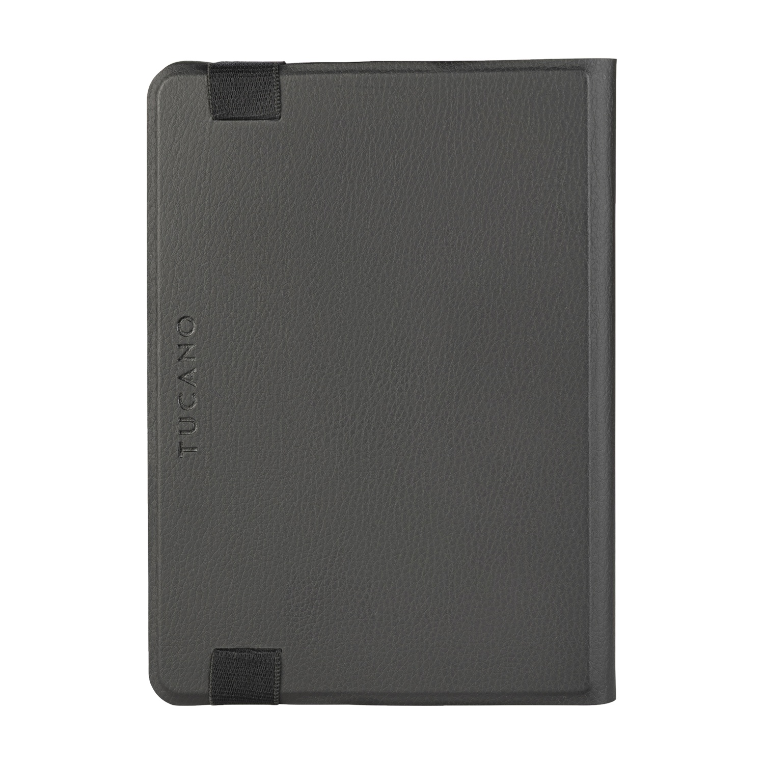 Custodia nera per tablet con superficie testurizzata e fasce elastiche.