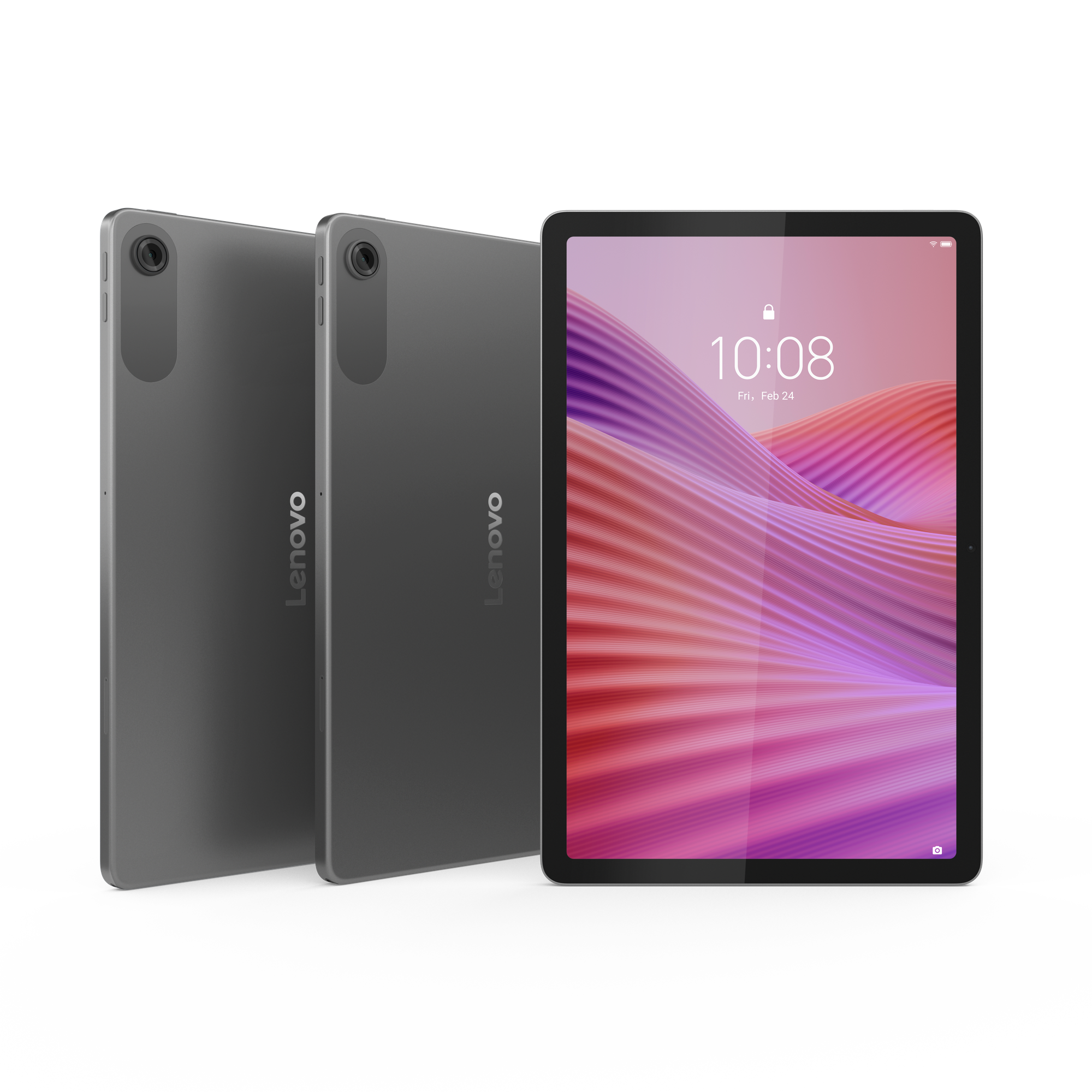 İki gri Lenovo tableti, biri pembe ve beyaz ekrana sahip.