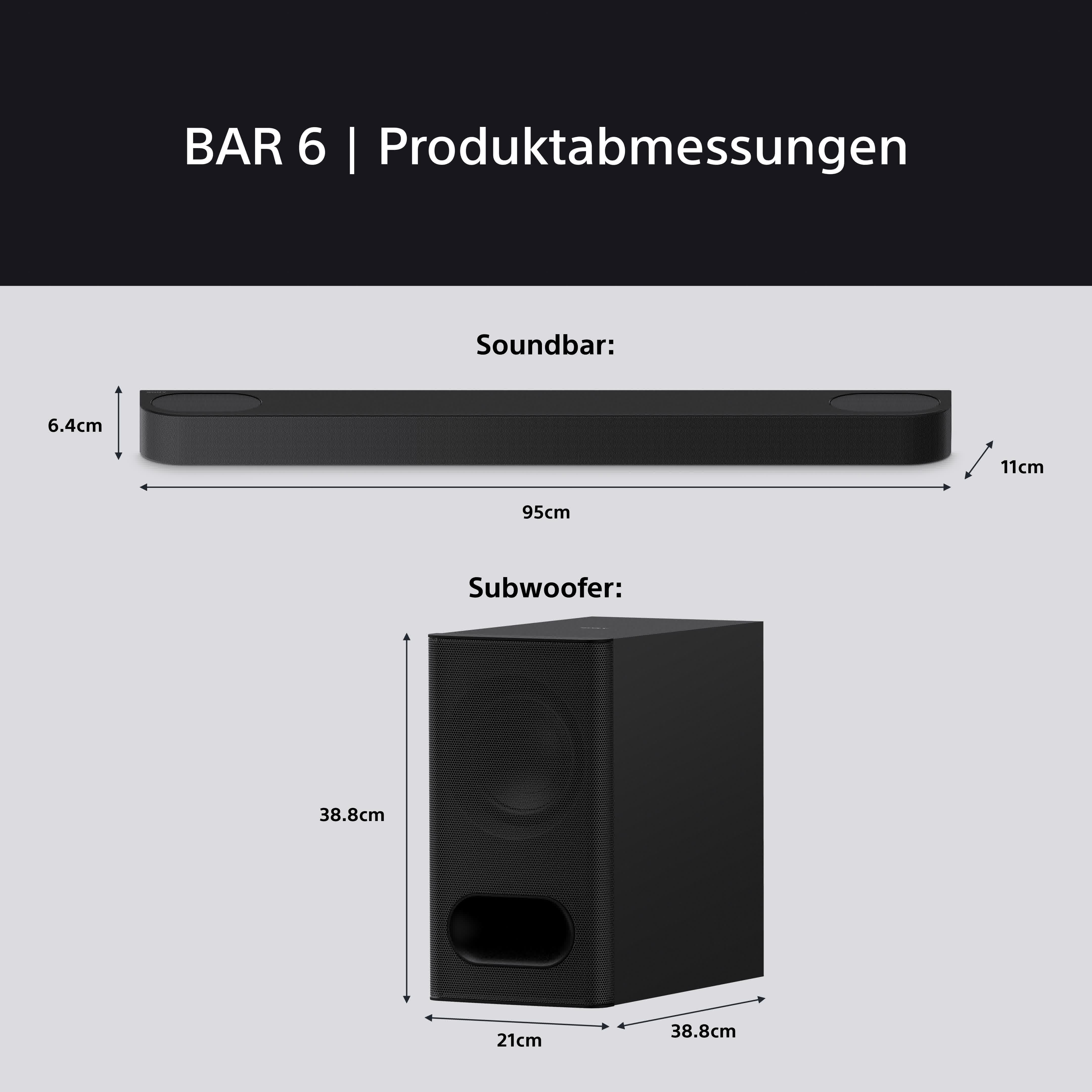Schwarze Soundbar und Subwoofer mit Abmessungen. Bar ist 95 cm lang. Subwoofer ist 38,8 cm x 38,8 cm x 21 cm.