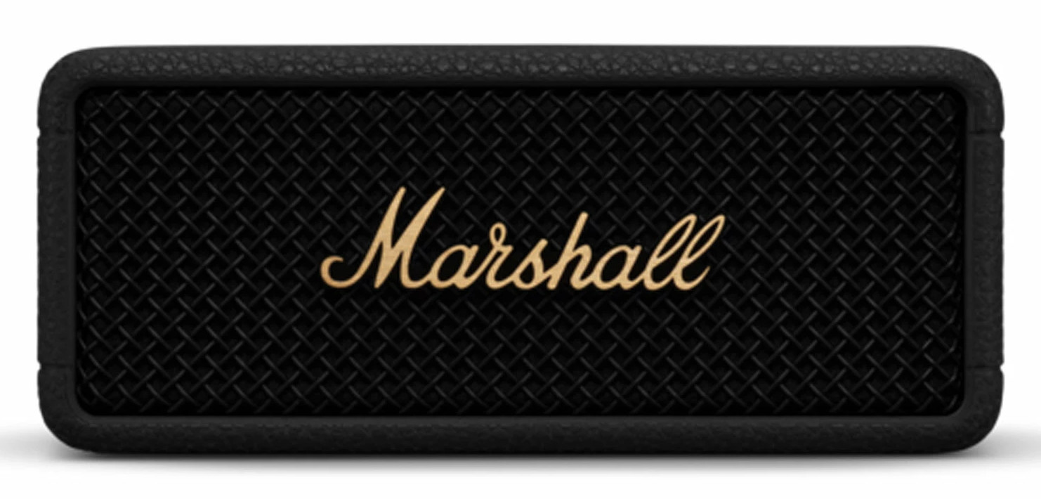 Czarny głośnik Marshall, widok z przodu. Złote logo 'Marshall'. Czarna siatkowa kratka.