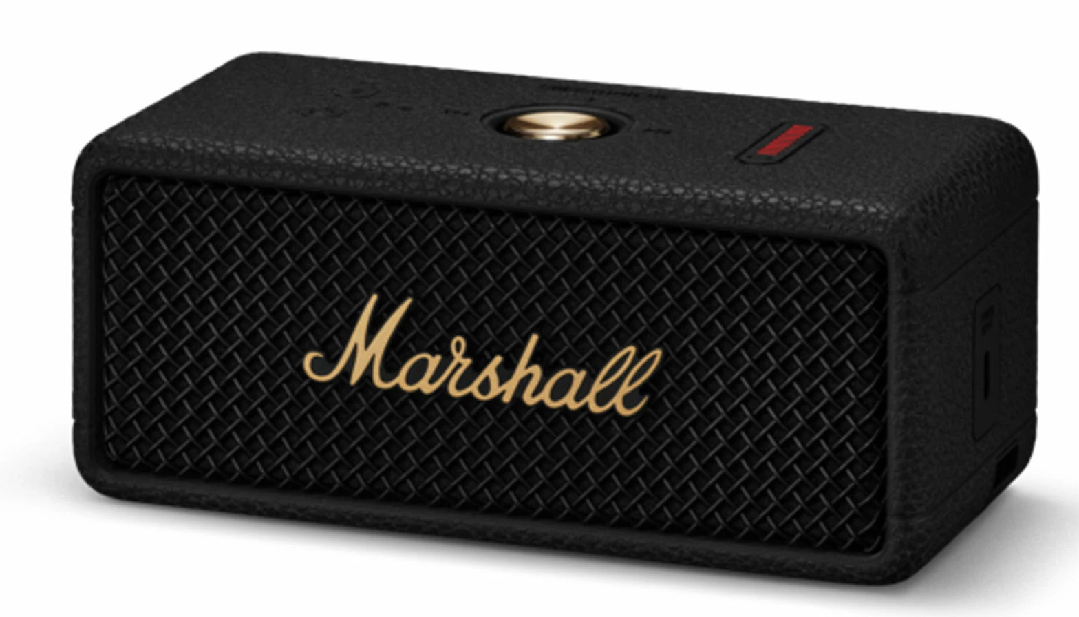 Czarny głośnik Marshall ze złotym logo i teksturowanym przodem.