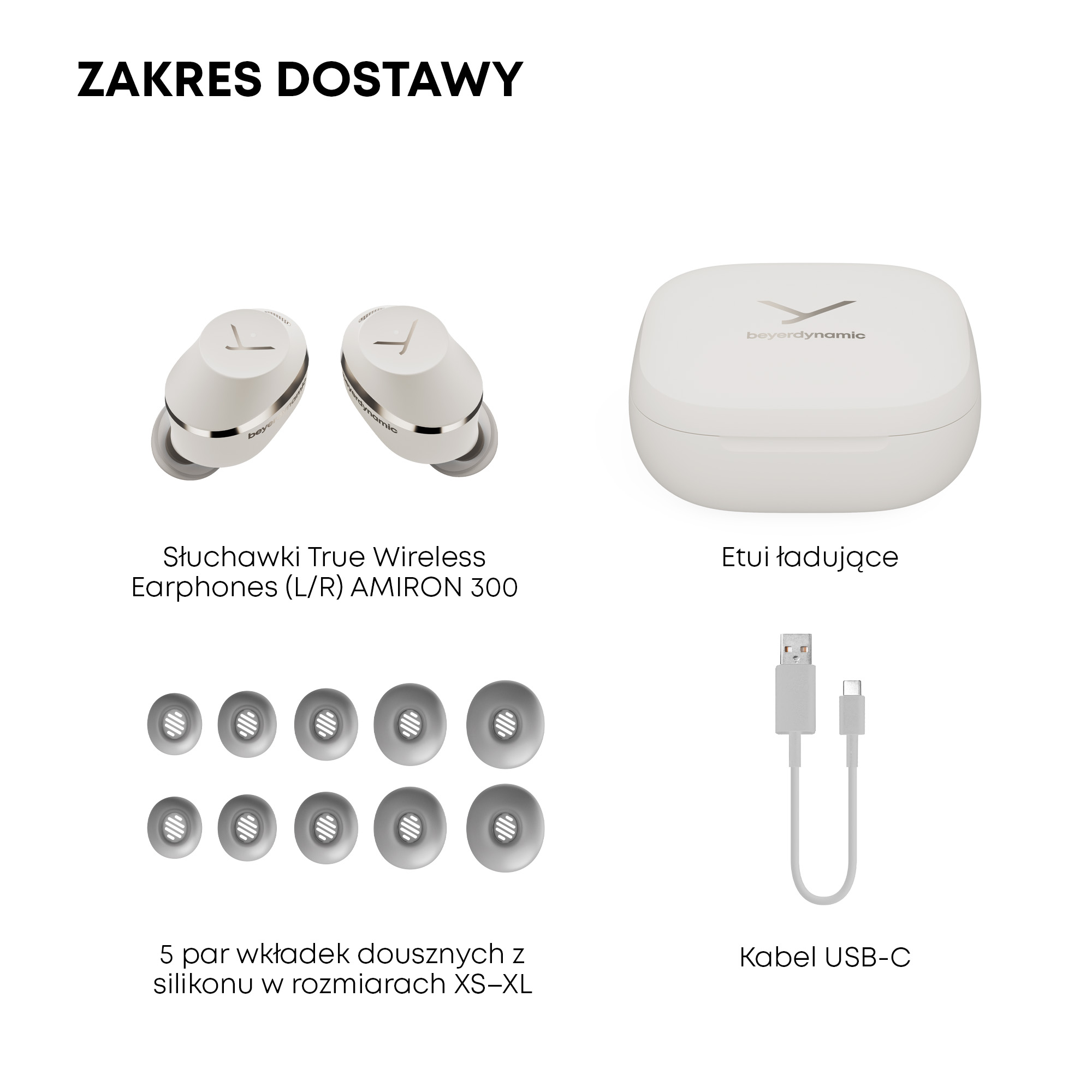 Białe słuchawki i etui ładujące, z kablem USB-C i wkładkami dousznymi.