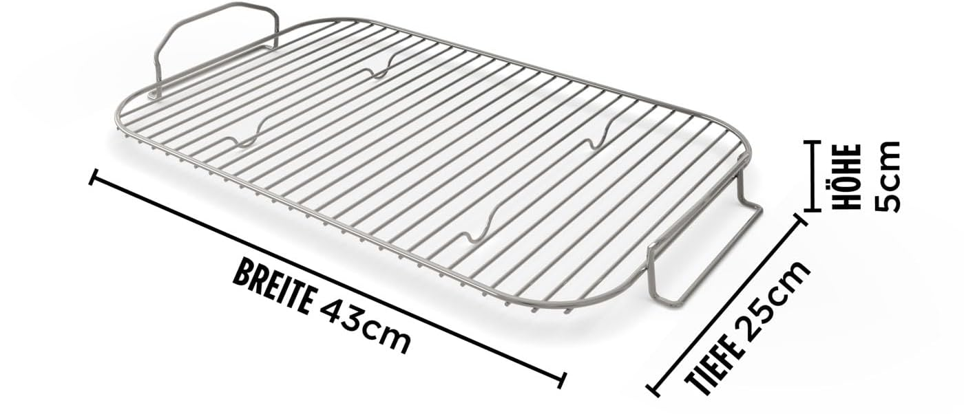 Egy rozsdamentes acél grillrács, 43 cm széles.