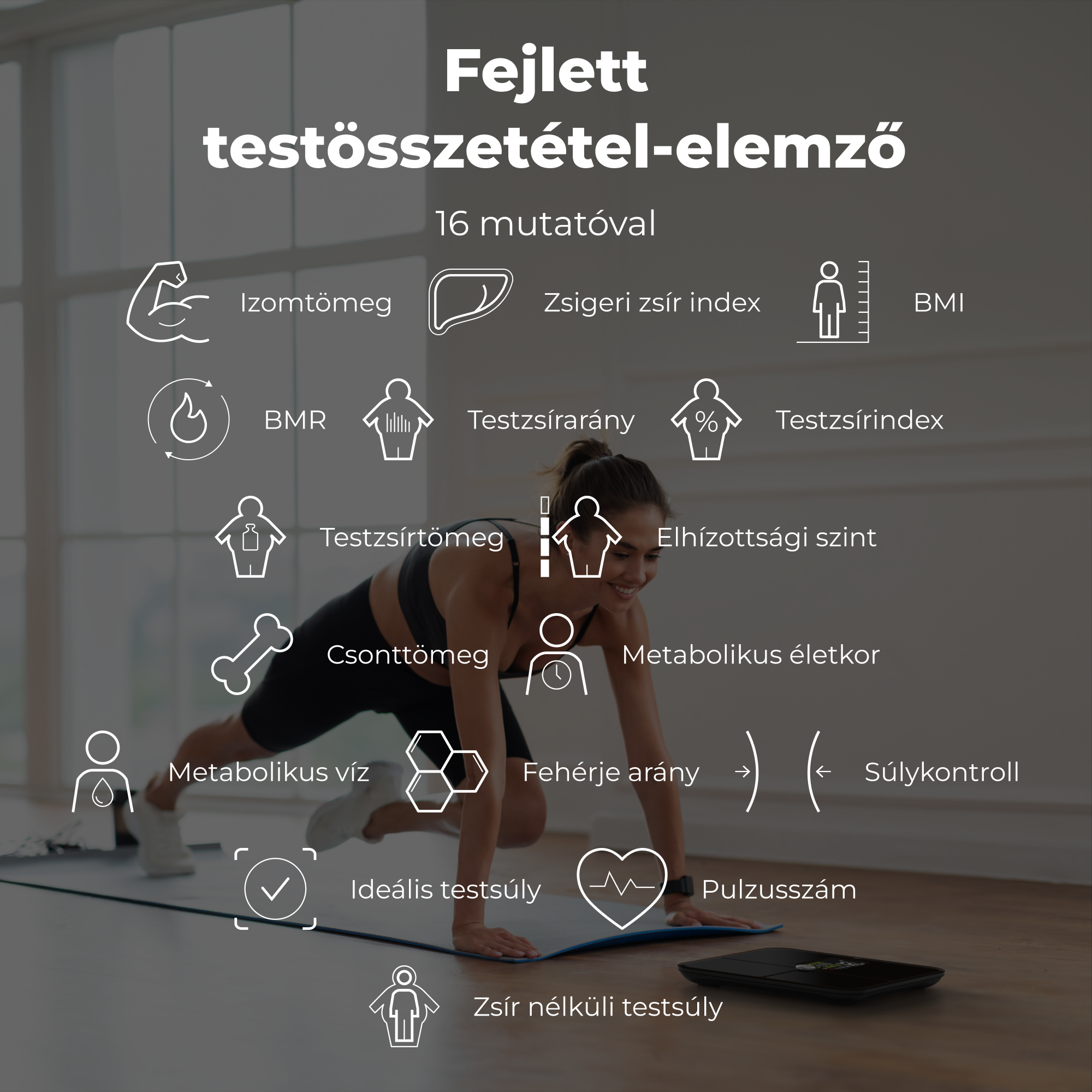 Diagram egy személyről, aki edz, testösszetétel elemzési ikonokkal. Szöveg: Advanced Body Analysis.