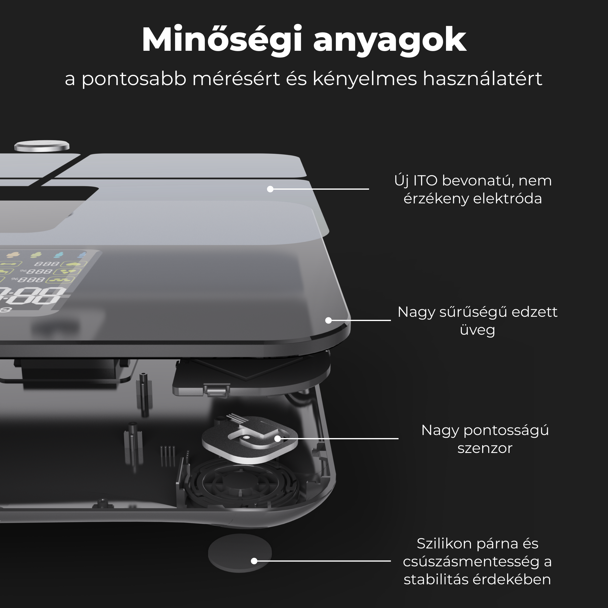 Mérleg közeli képe feliratozott részekkel. A szenzort, az üveget és az elektródákat mutatja.