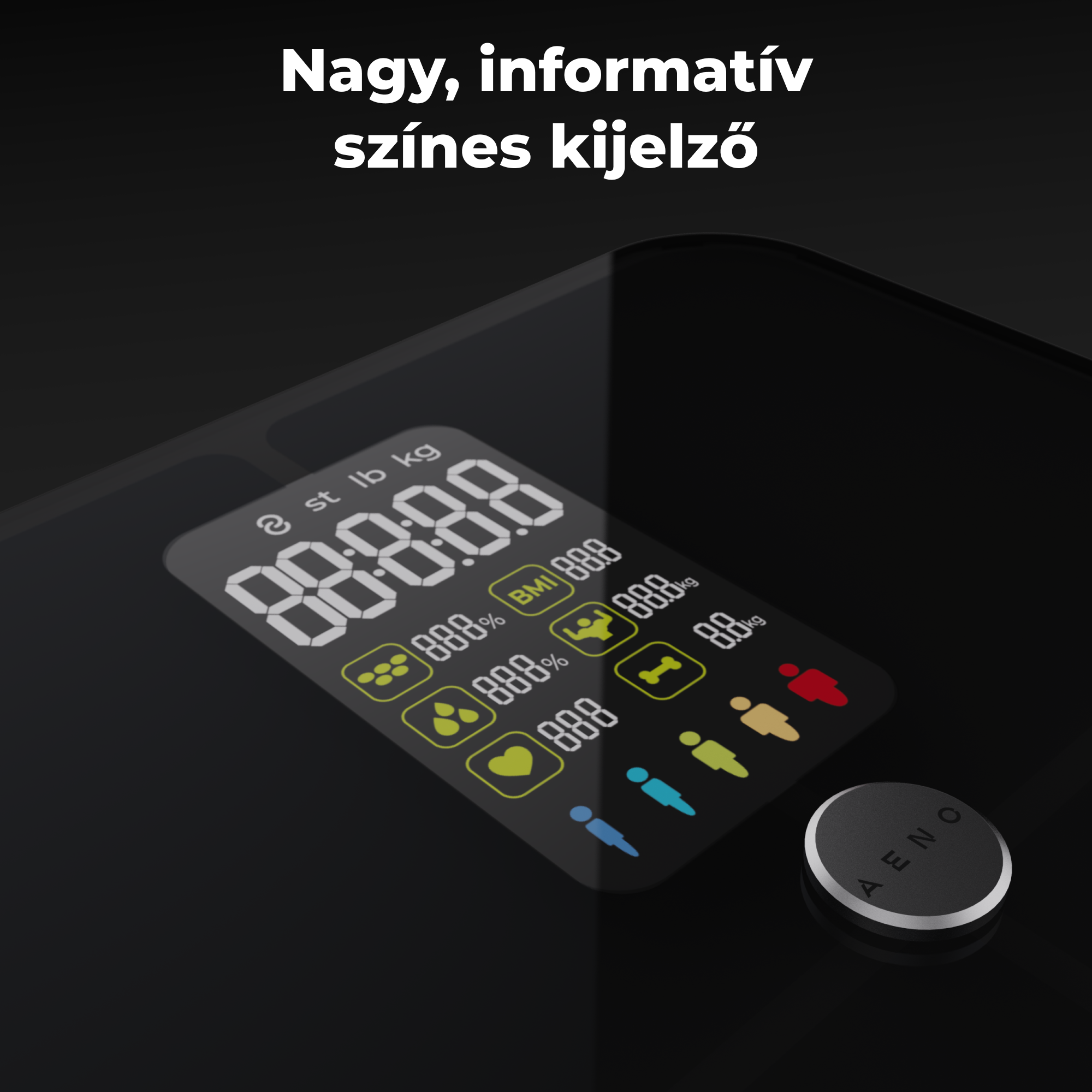 A mérleg kijelzőjének közelképe testmutatókkal és egy gombbal, fekete háttér.