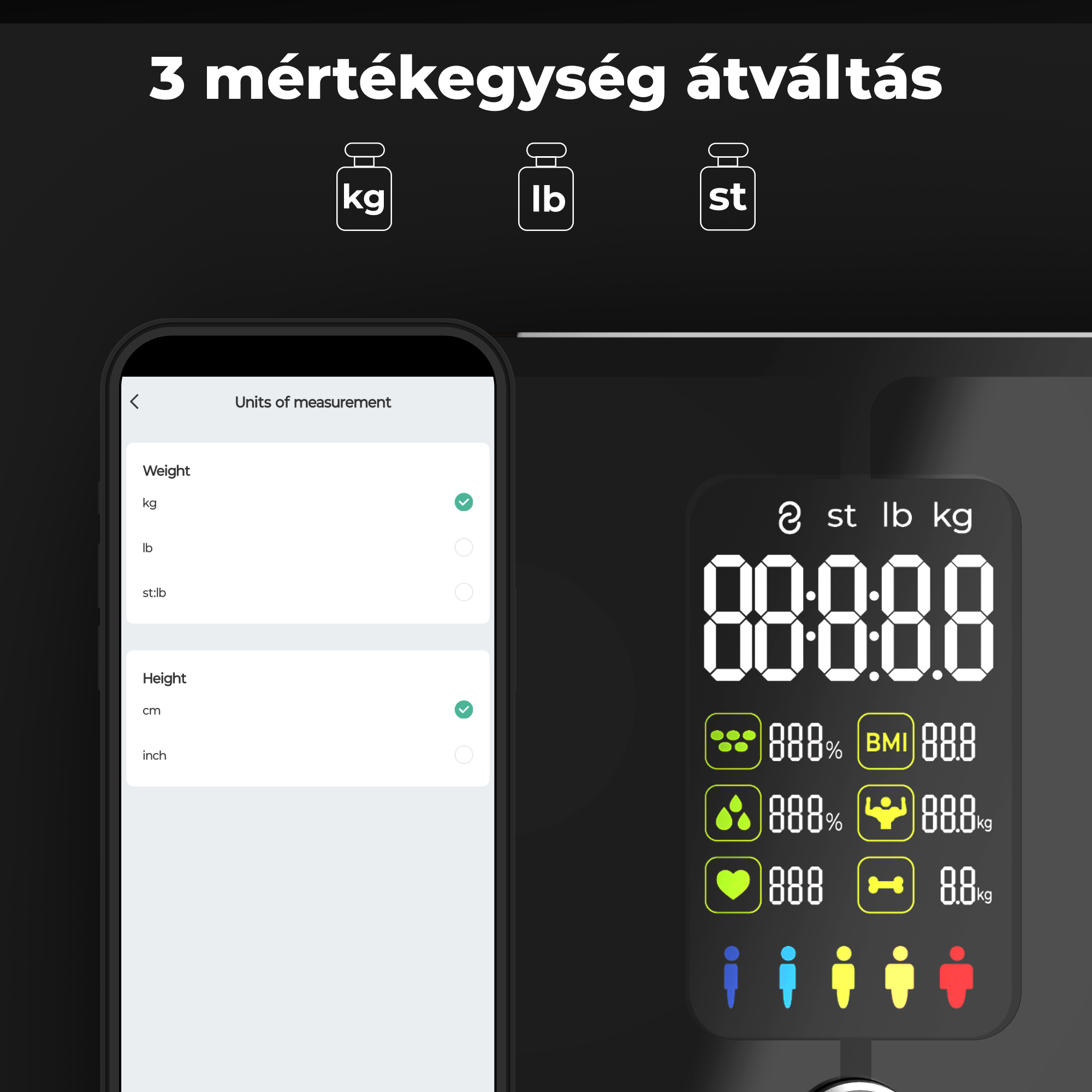Egy okostelefon mérési egységeket jelenít meg. Alatta egy digitális kijelző súlyt és egyéb mérőszámokat mutat.