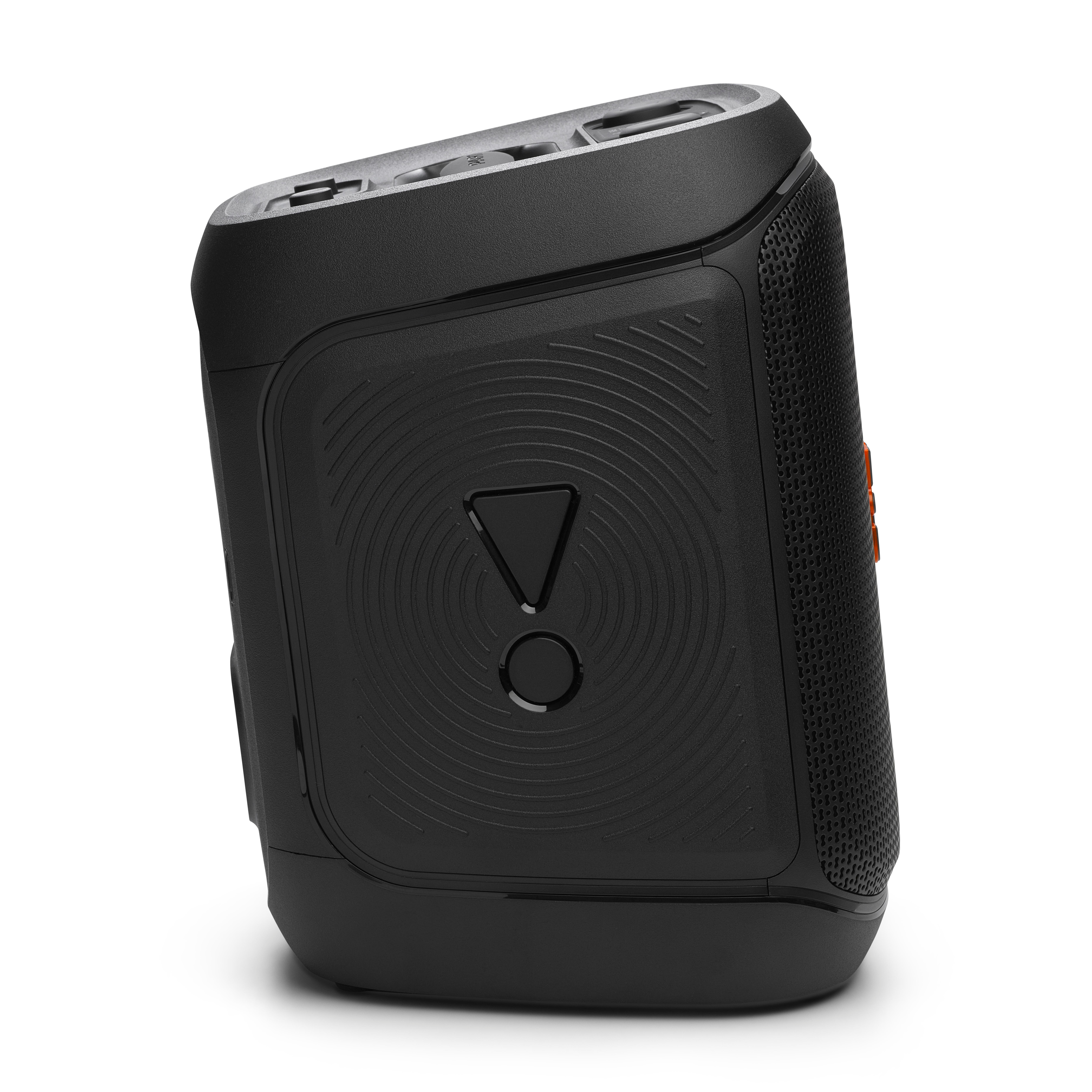 Schwarzer und grauer Lautsprecher. Hat einen Dreiecksknopf und einen Knopf vorne.