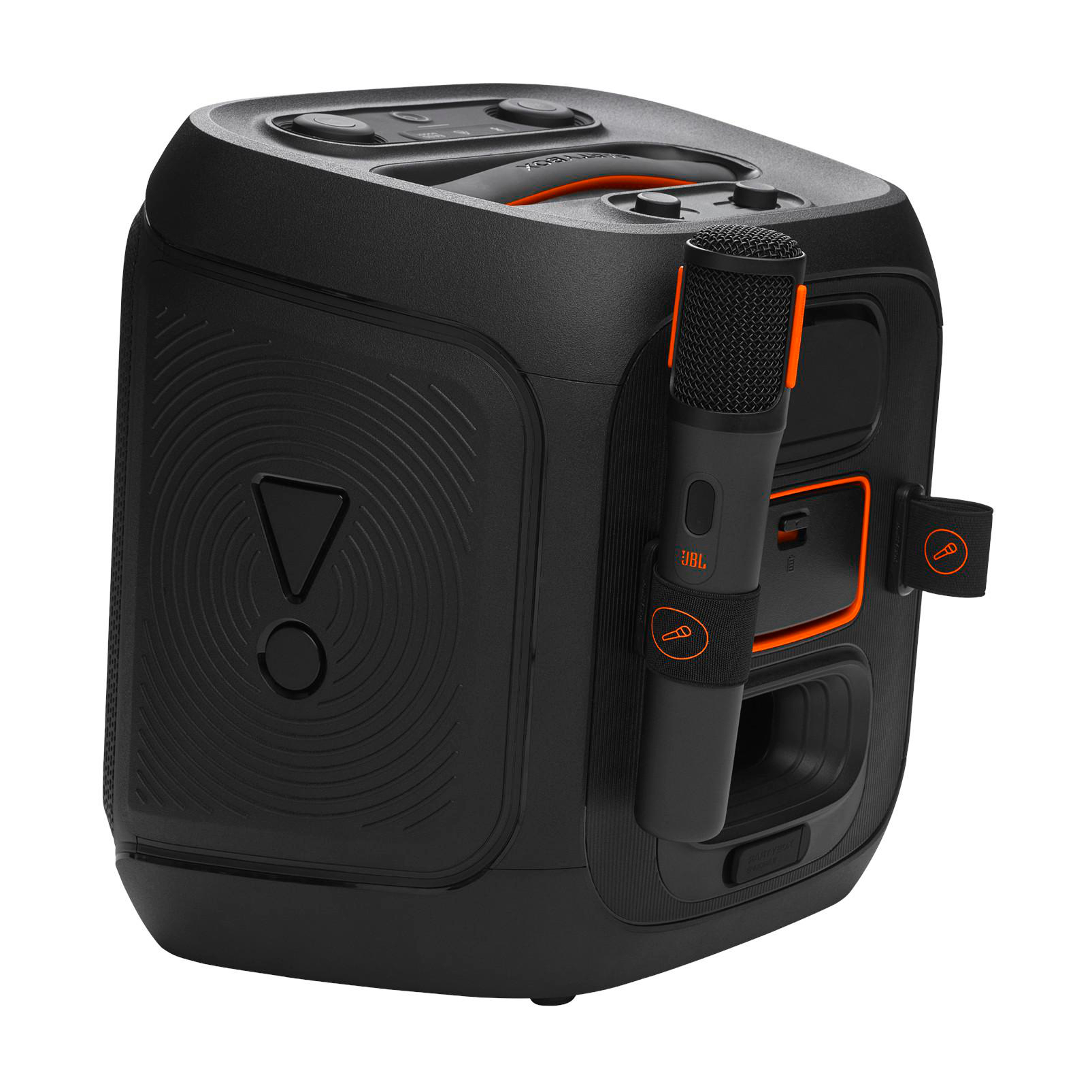 Schwarzer JBL Party-Lautsprecher mit Mikrofon.