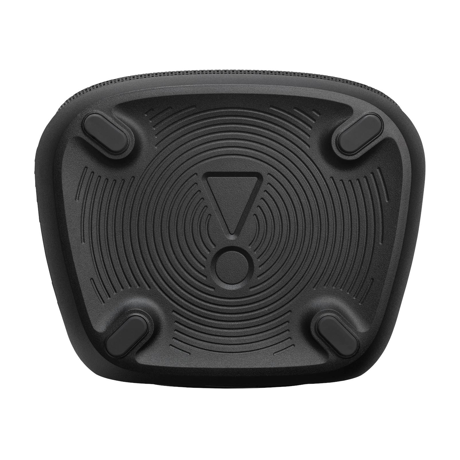 Schwarzer Lautsprecherfuß. Er hat eine strukturierte Oberfläche und vier Gummifüße für Stabilität.