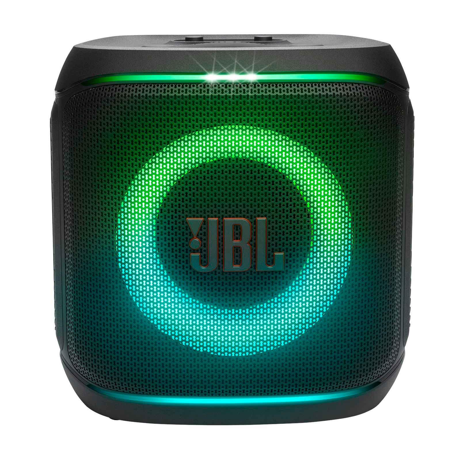 Schwarzer JBL-Lautsprecher mit grünem und blauem Lichtring. JBL-Logo in der Mitte.