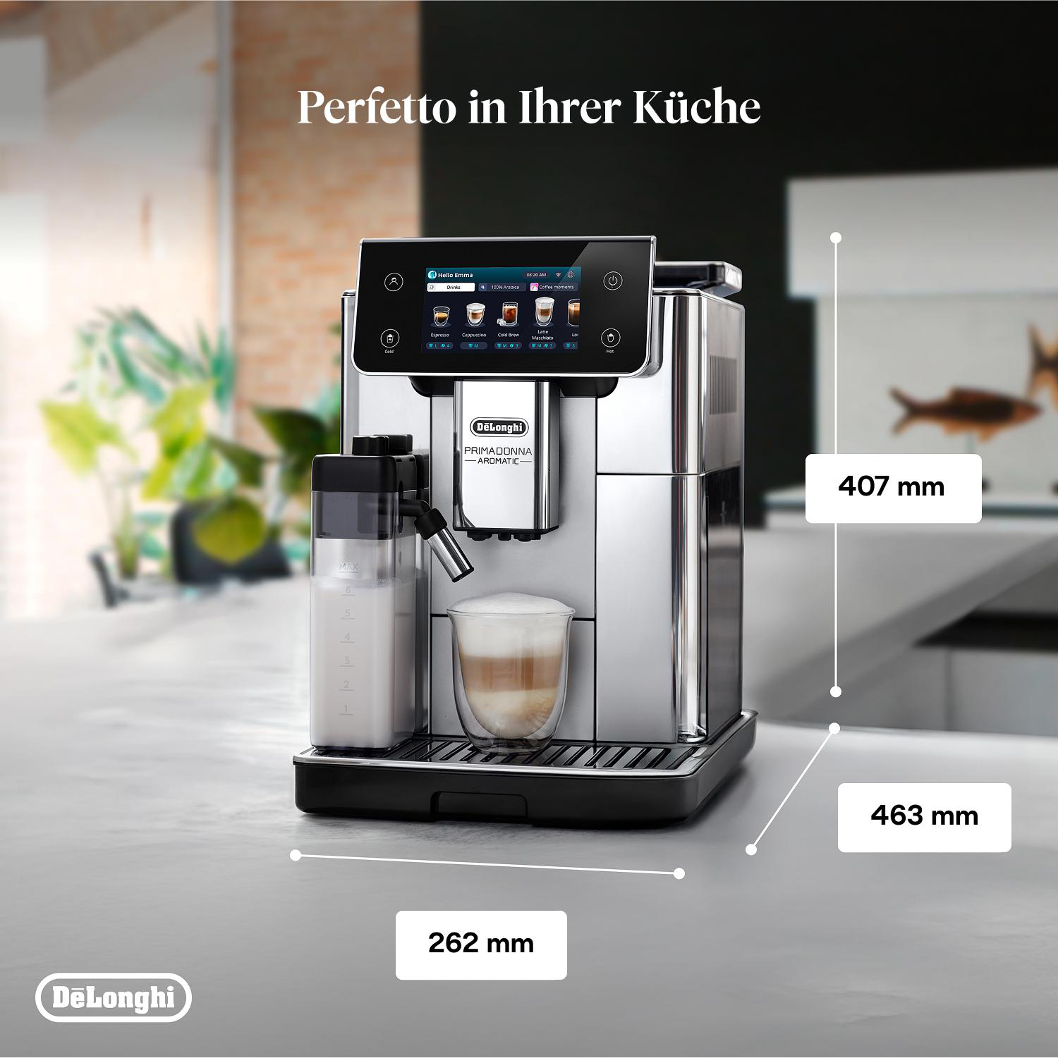 Silber-Schwarz-Kaffeemaschine mit Bildschirm, Abmessungen und DeLonghi-Logo.