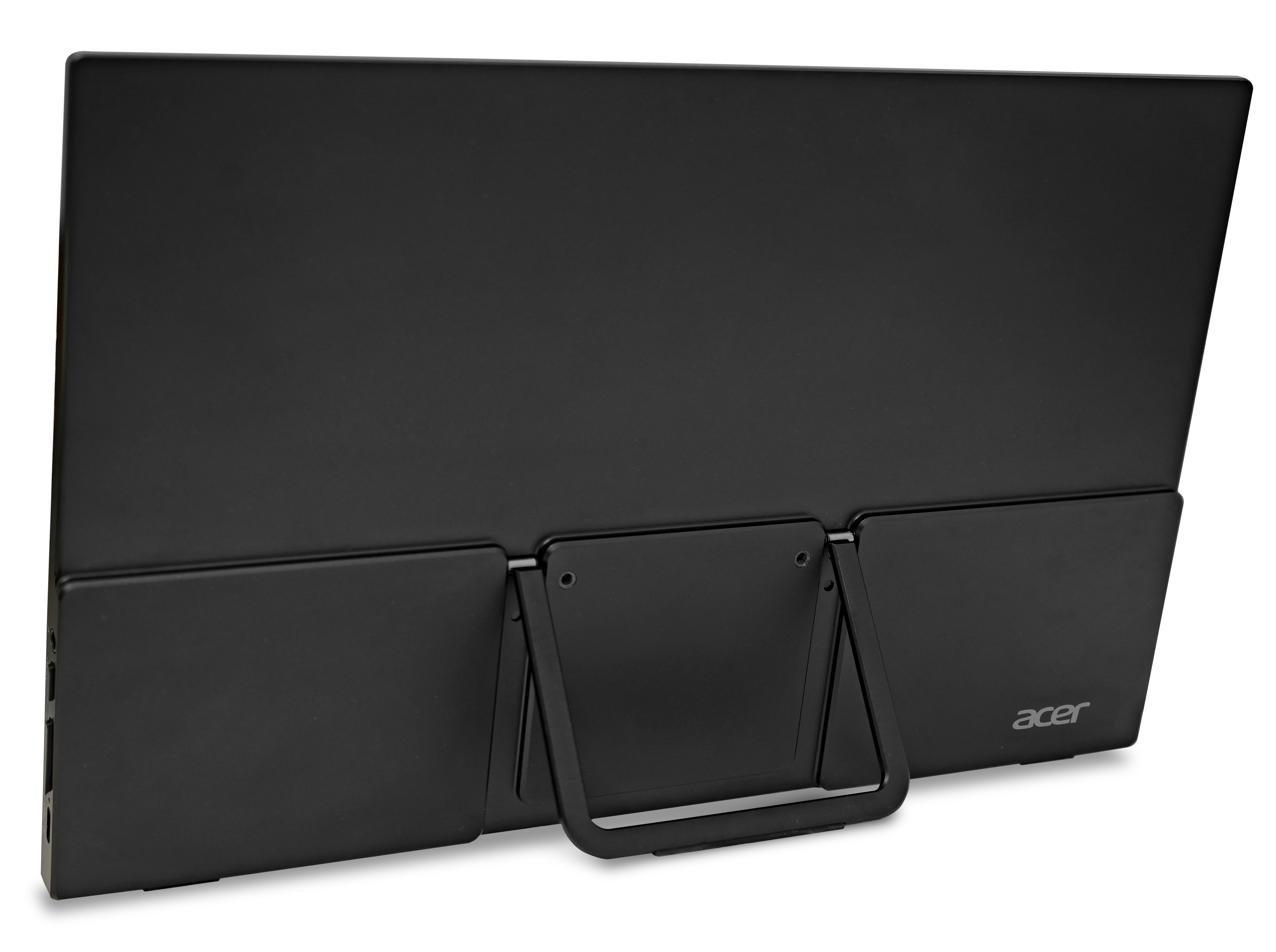 Schwarzer Laptop mit Ständer. Acer-Logo auf der Rückseite.