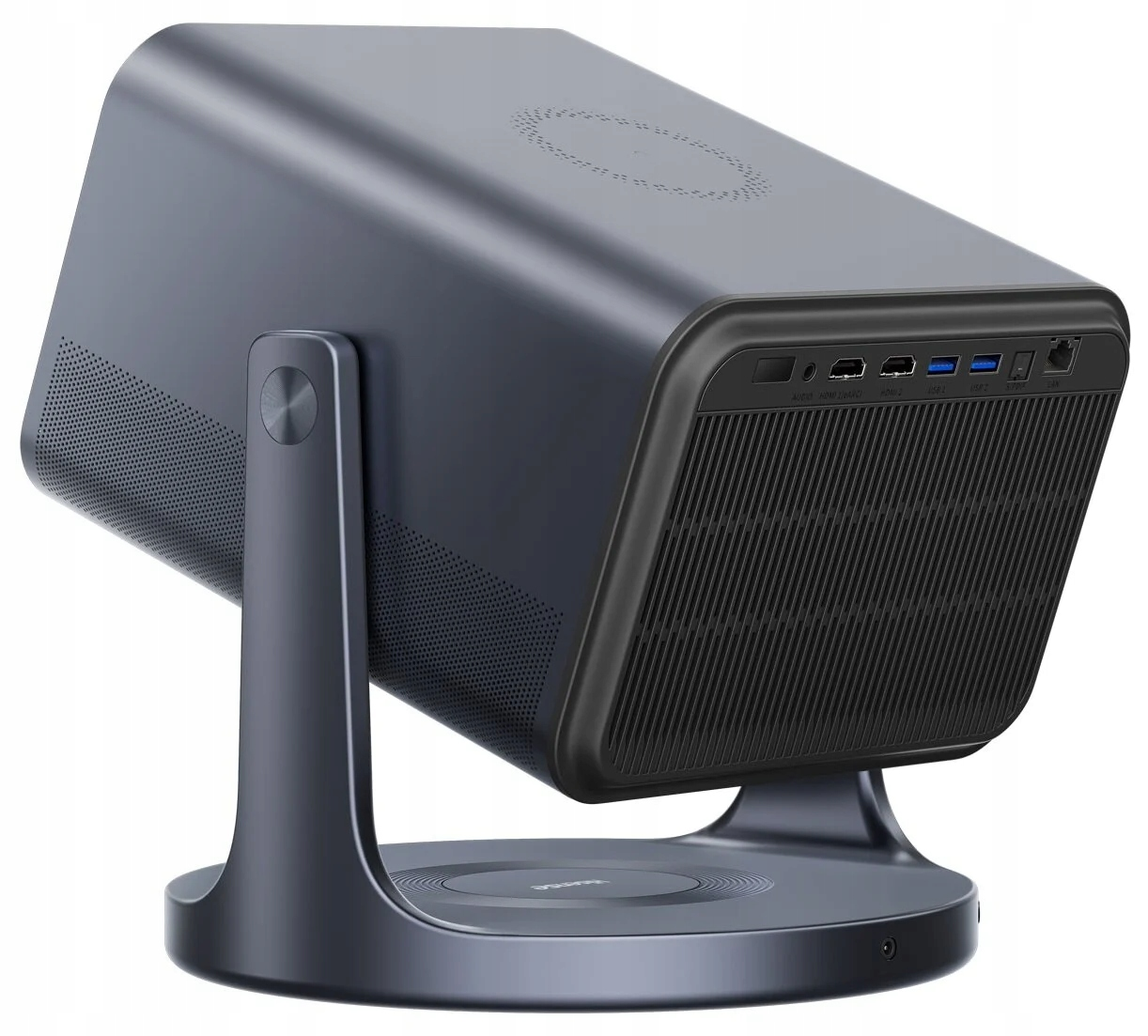Ciemnoszara obudowa komputera na stojaku, pod kątem, z widocznymi portami.