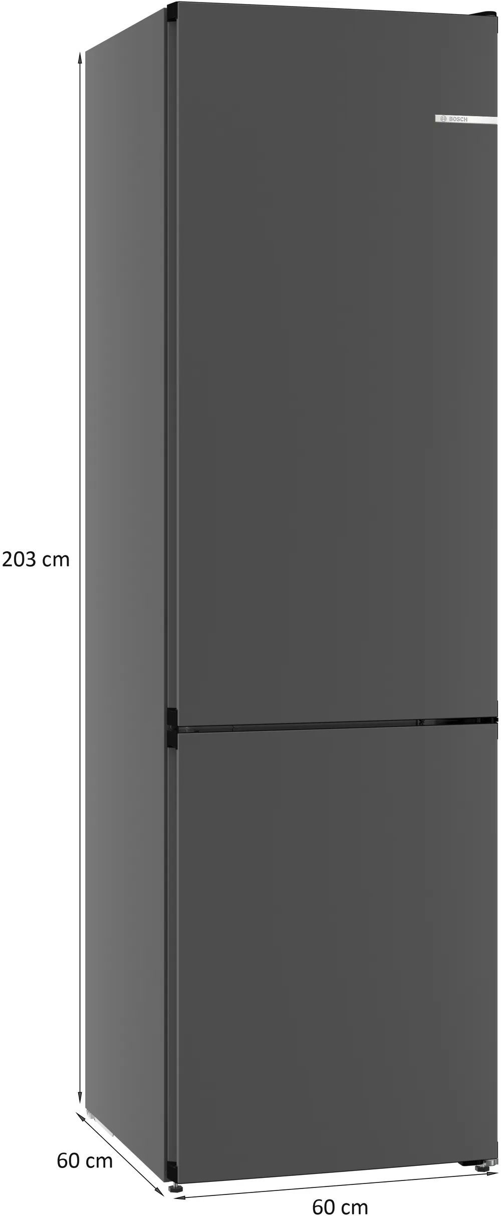 Sötétszürke hűtőszekrény méretekkel. 203cm magas, 60cm széles és mély.