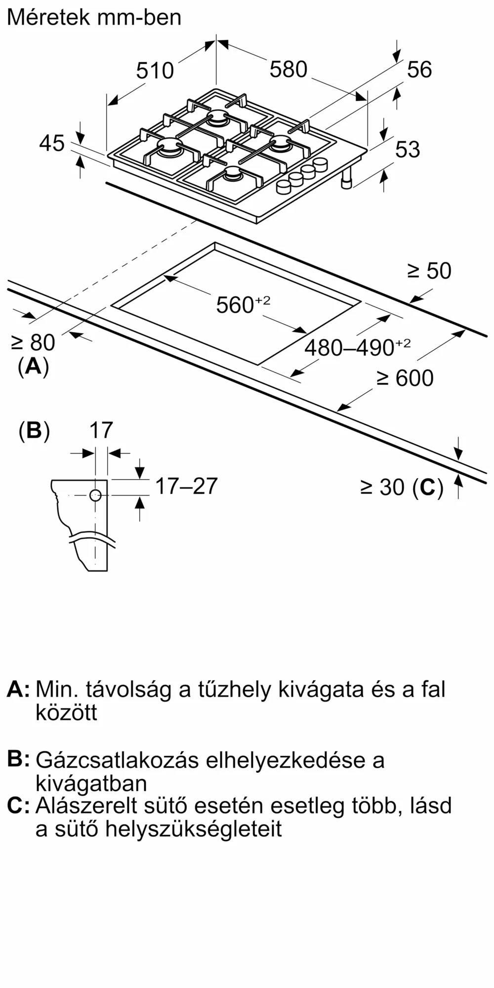 Egy diagram a gáztűzhely méreteivel, milliméterben megadott méretekkel.