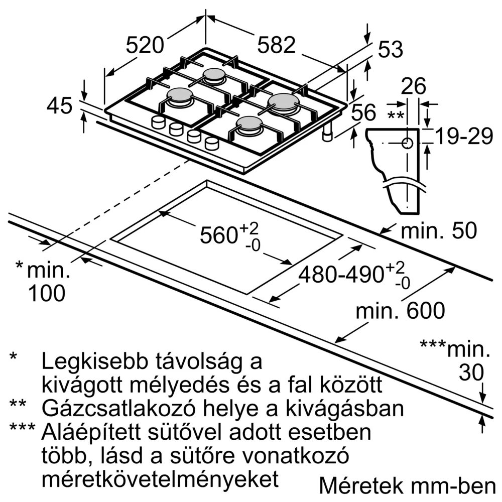 Gáztűzhely diagramja méretekkel és szerelési útmutatóval magyarul.