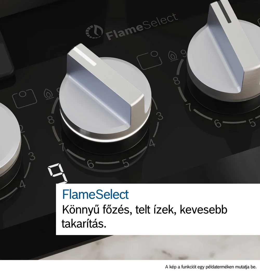 Közelkép fekete főzőlapról ezüst gombokkal és FlameSelecttel. Szöveg: Könnyű főzés, telt íz.
